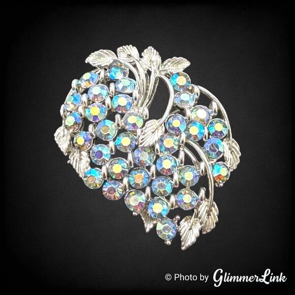 Vintage BSK Blue Aurora Borealis AB Rhinestone Leaves Silver Tone Brooch - Picture 6 of 12